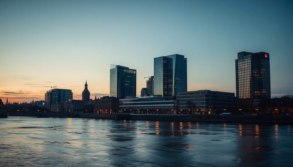 Panorama nowoczesnego Wrocławia o zmierzchu